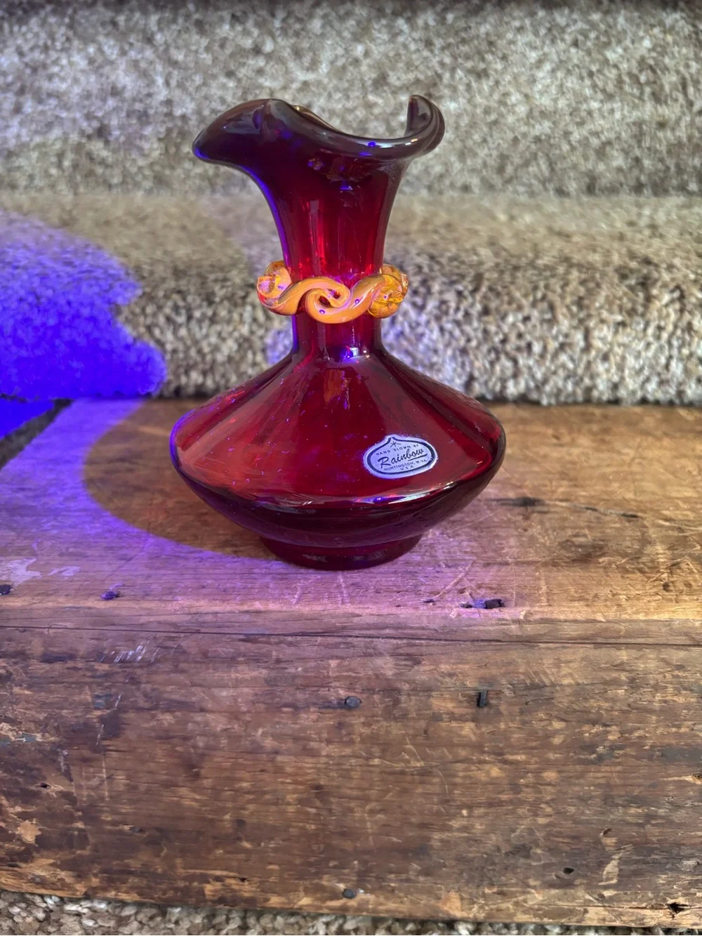 Rainbow Deep Ruby Red Glass Vase with Amber Twist